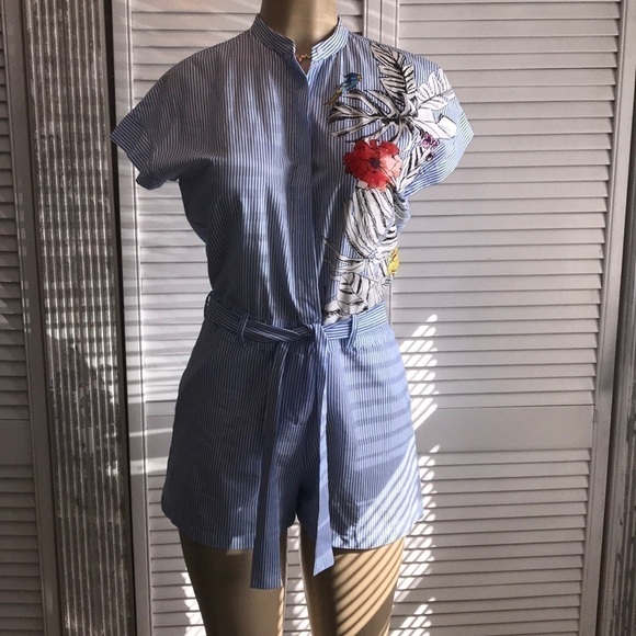 Zara Basic Floral Blue Striped Romper - Picture 3 of 10
